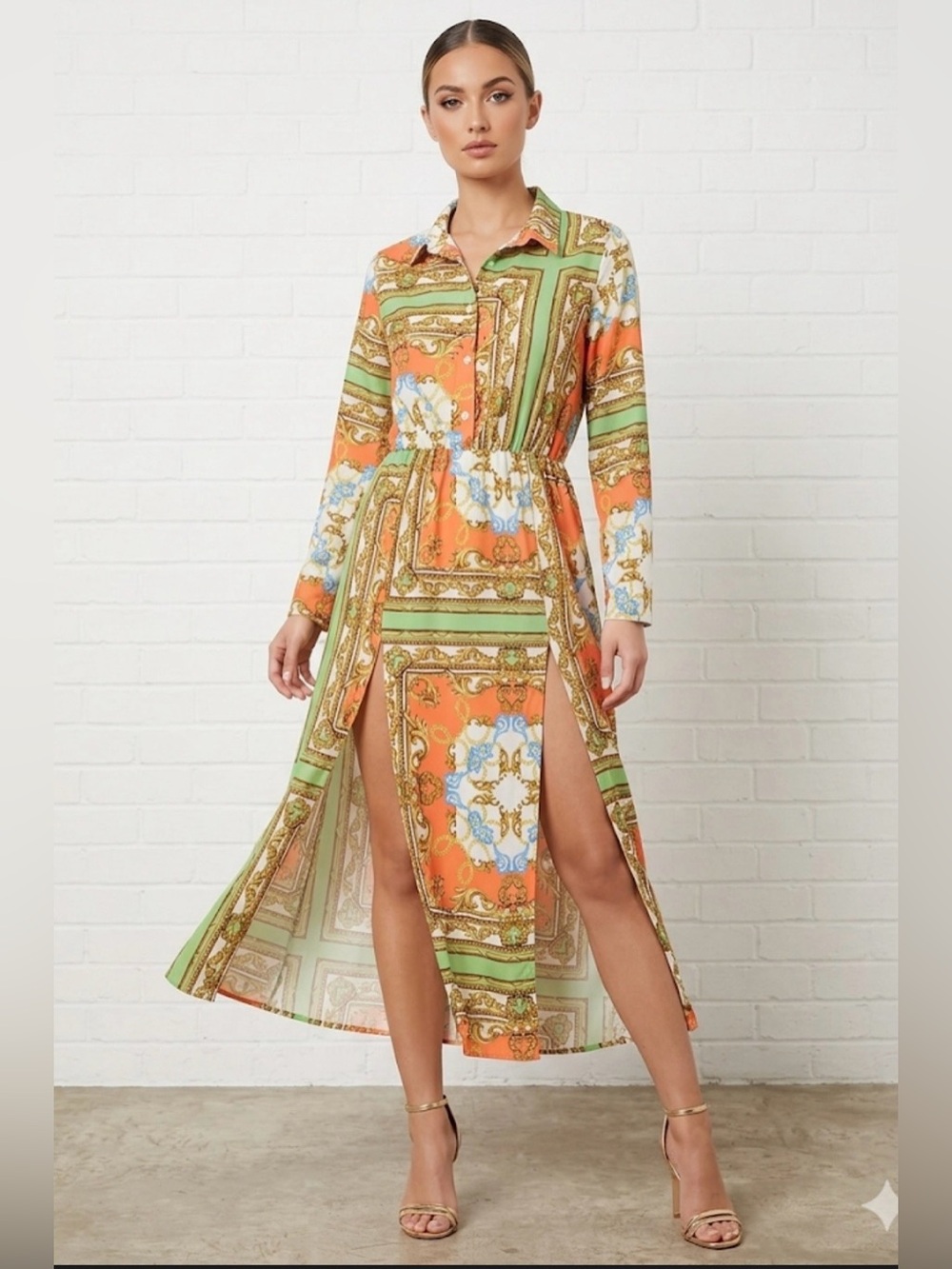 Boohoo Orange and Green Printed Maxi Shirt Dress Made in Italy Size 8